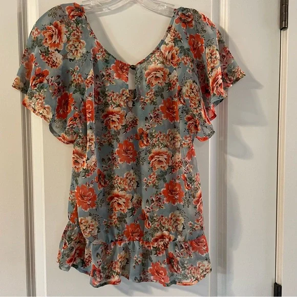 Junior Misses Forever XXI Aqua Coral Floral Sheer Top Size M - Picture 7 of 10